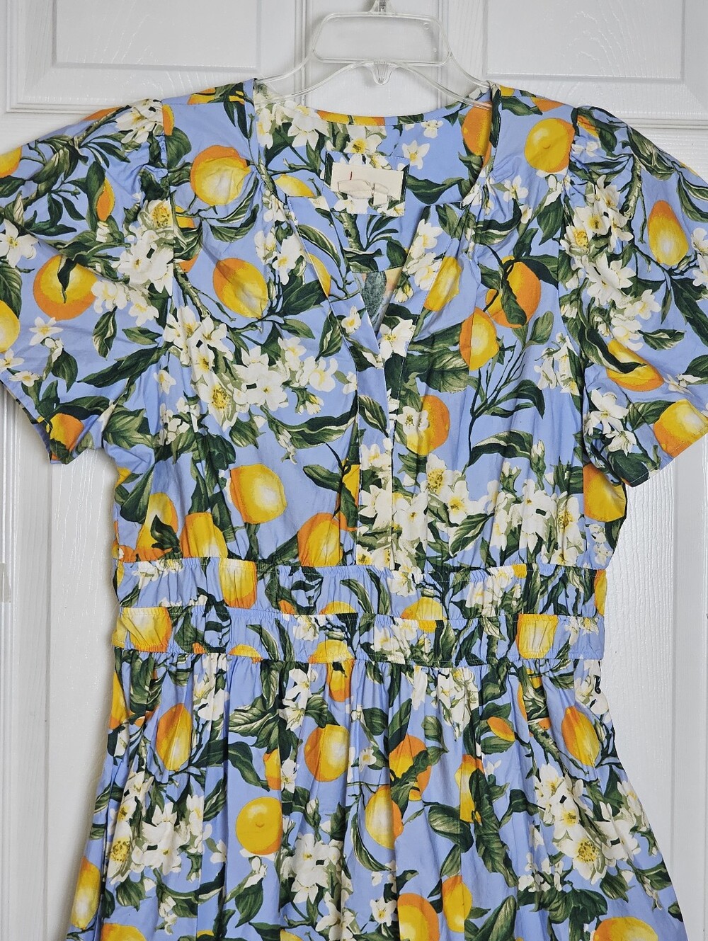 Anthropologie Somerset Blue Tiered Lemon Maxi Dress Size Large Pockets Smocked - Picture 4 of 11